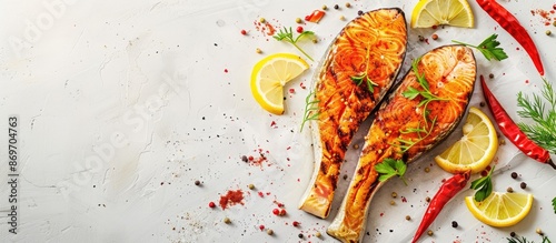 Fototapeta Naklejka Na Ścianę i Meble -  Red fish steak with lemon and spices on a light background, featuring a copy space image.