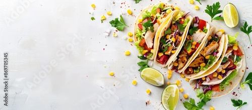 Mexican tacos with chicken, veggies, tortillas, salad, and corn on a white background with a flat lay top view showcasing its ingredients and copy space image. photo