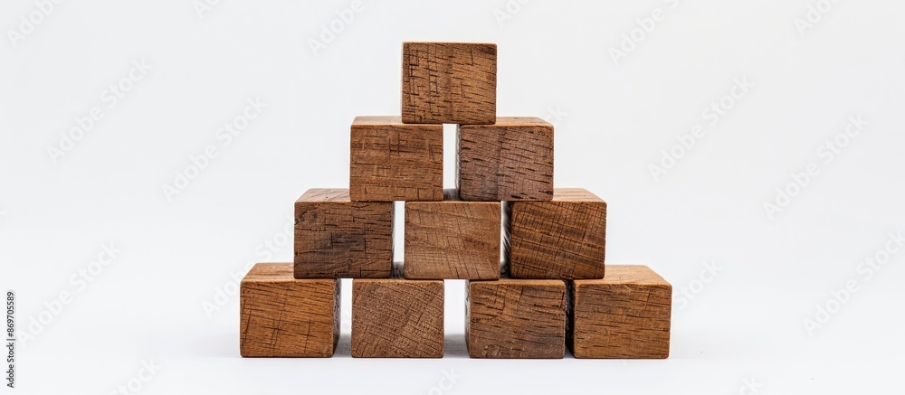 Wooden cubes arranged in a pyramid shape for symbol creation, business growth, and management concept on a white background with copy space image.
