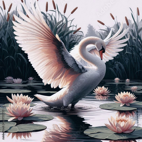 Graceful Swan Amidst Water Lilies photo