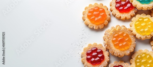 Jelly-filled cookies displayed on a white backdrop with space for adding text or graphics.