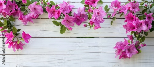 Beautiful pink flowers displayed on a white wooden backdrop with copy space image.