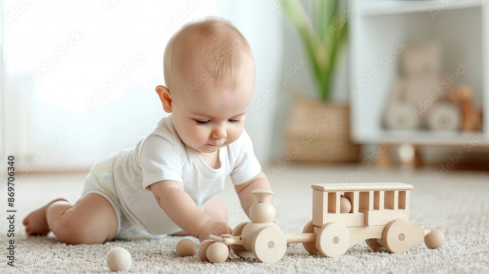 Fototapeta premium A baby in a white onesie plays with a wooden train on a carpeted floor. The baby is focused on the toy and has a curious expression on their face