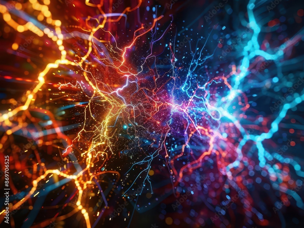 futuristic energy visualization electric currents crackling through digital matrix dark background illuminated by vibrant colored light bursts sense of power and technology futuristic energy visualization electric currents crackling through digital matrix dark background illuminated by vibrant colored light bursts sense of power and technology