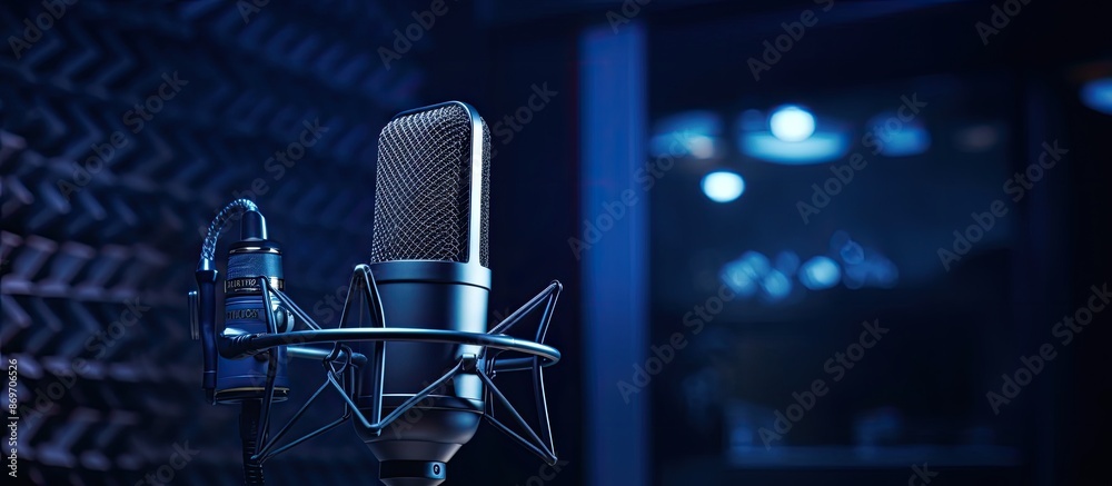 Dark blue background in a professional studio microphone capturing voice with audio waveform; perfect for recording studio, broadcasting, or podcasting with copy space image.