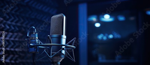 Obraz na płótnie Dark blue background in a professional studio microphone capturing voice with audio waveform; perfect for recording studio, broadcasting, or podcasting with copy space image. w salonie