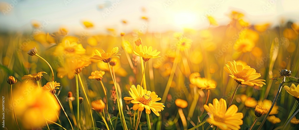 Field with vibrant yellow flowers blooming, vividly captured in a copy space image.