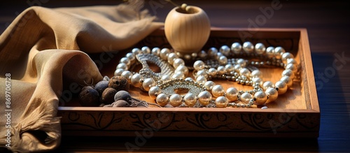 A stylish tray with wooden beads for needlework, providing an elegant look with a copy space image. photo