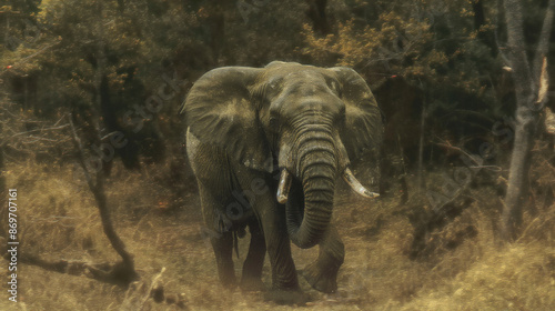 Large male african elephant walking through dry grassland