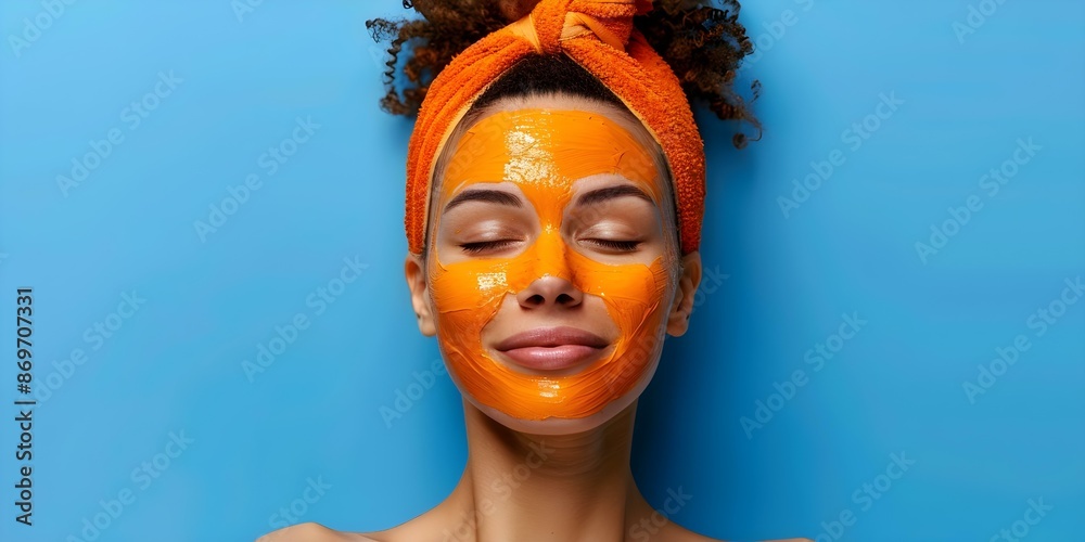 Woman wearing an orange face mask in a blue studio setting for skincare concept. Concept Skincare Photoshoot, Face Mask, Studio Setting, Orange Color Theme, Beauty Concept Woman wearing an orange face mask in a blue studio setting for skincare concept. Concept Skincare Photoshoot, Face Mask, Studio Setting, Orange Color Theme, Beauty Concept