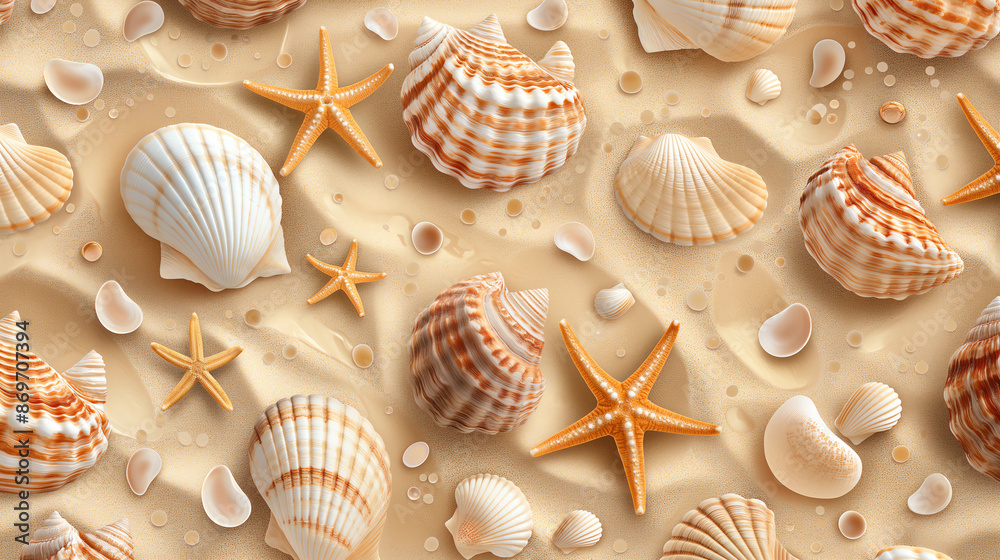 an ocean design featuring seashells and starfish on a sandy background an ocean design featuring seashells and starfish on a sandy background