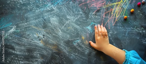Child's hand drawing with chalk on a dark gray slate board with copy space image. photo