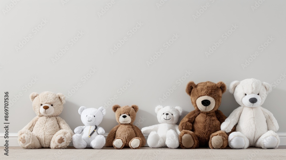 A row of eight teddy bears sit on a wooden table in front of a white wall A row of eight teddy bears sit on a wooden table in front of a white wall