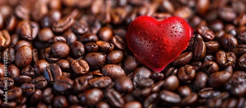 Close-up of roasted coffee beans forming a backdrop, with a red heart at the center, ideal for a copy space image. photo