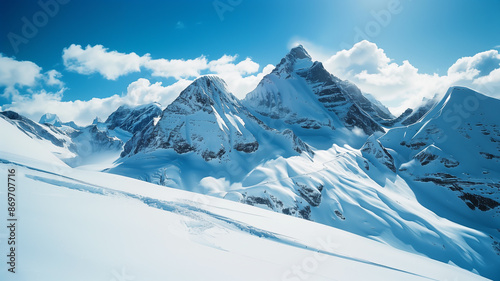 Snowy Mountain Adventure "Dramatic snowy mountain landscape, majestic peaks, ski tracks in fresh powder, clouds rolling over ridges, and crisp, clear blue sky