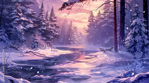 Beautiful winter forest with snow and river. Anime style. Digital painting.