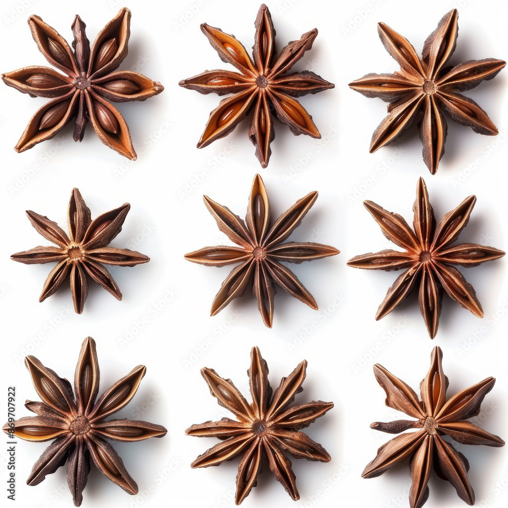 A set of aromatic star anise, isolated on a white background A set of aromatic star anise, isolated on a white background