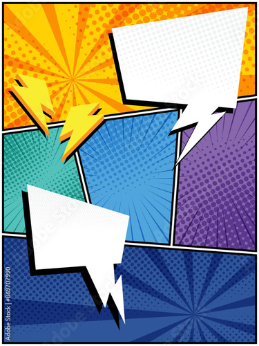 comic speech bubbles in white clouds on a vibrant pop art background