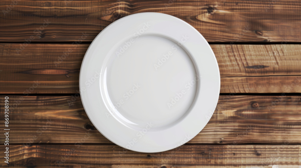White plate on wooden table White plate on wooden table