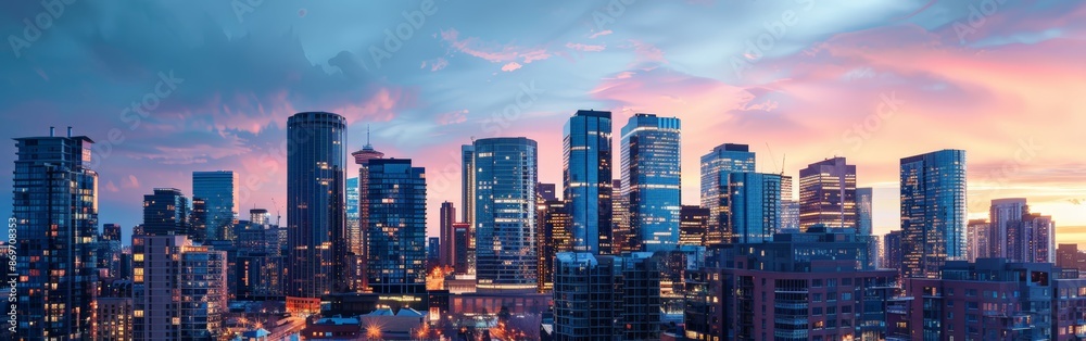 Naklejka premium Glowing Cityscape: Real Estate Website Background