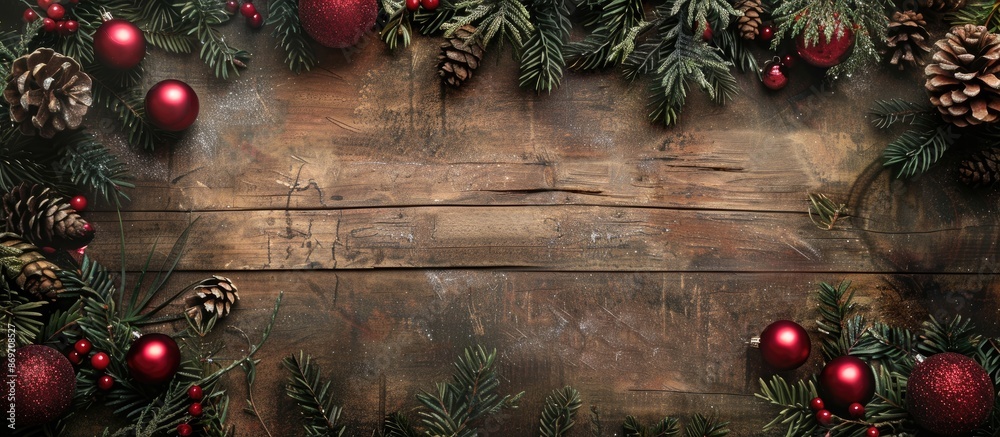 Old wooden background adorned with evergreen fir twigs, glossy red baubles, and pine cones, creating a festive atmosphere with copy space image. Old wooden background adorned with evergreen fir twigs, glossy red baubles, and pine cones, creating a festive atmosphere with copy space image.