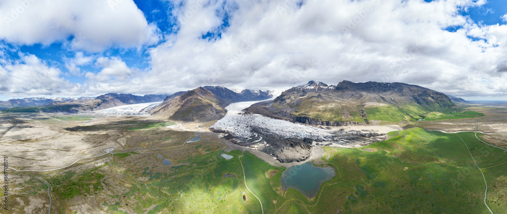 View from above, aerial shot, stunning panoramic view of the Svínafellsjökull glacier. Svínafellsjökull is an outlet glacier of Vatnajökull, the largest ice cap in Europe. Iceland.