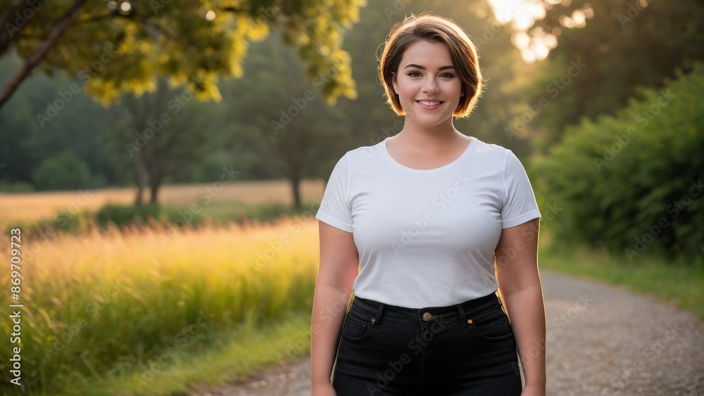 Plus size teenage girl with short hair wearing white t-shirt and black jeans standing in nature Plus size teenage girl with short hair wearing white t-shirt and black jeans standing in nature