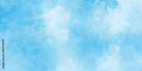 Brush paint blue paper textured canvas element with clouds, blue sky with clouds background, abstract watercolor background illustration, painted white clouds with pastel blue sky.