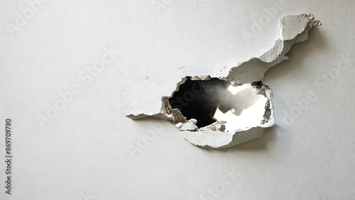 Hole breaking through white wall, cut out , 16:9 with copyspace, 300 dpi
