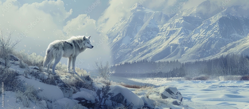 Naklejka premium An Arctic wolf in a snowy landscape with a clear, open space in the picture for additional text or images.