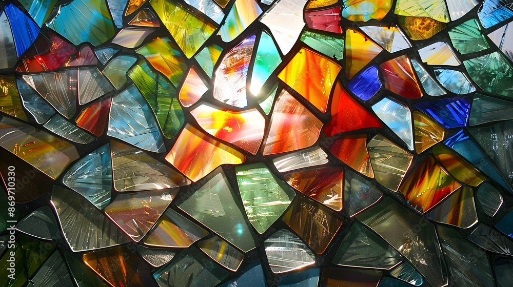 Colorful Reflections in Broken Glass: A broken window with colorful reflections of stained glass fragments scattered around it.
Colorful Reflections in Broken Glass: A broken window with colorful reflections of stained glass fragments scattered around it.