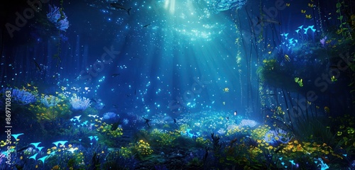 Luminous deep sea scene with bioluminescent creatures and underwater flora, casting a mystical glow.