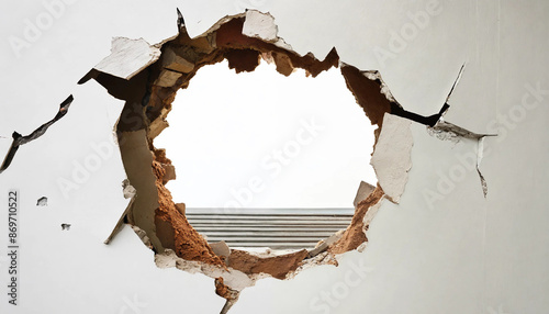 Hole breaking through white wall, cut out , 16:9 with copyspace, 300 dpi photo