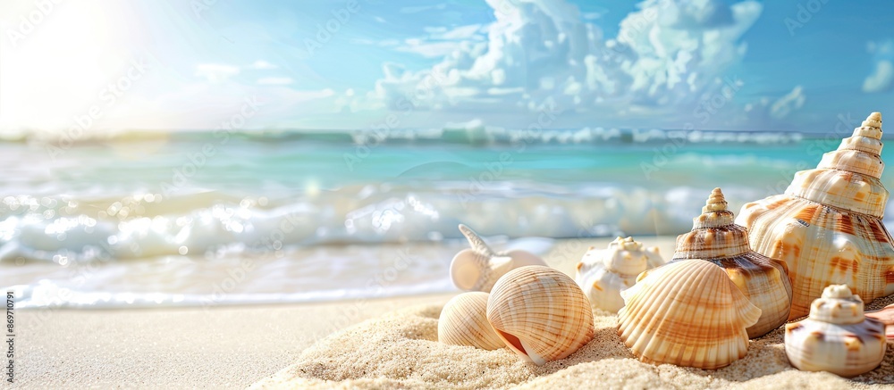 Beach scene with seashells on sand and object hidden beneath, copy space image. Beach scene with seashells on sand and object hidden beneath, copy space image.