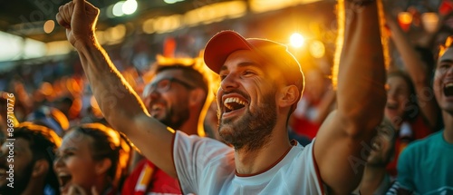 closeup of Crowd of sports fans cheering during match in stadium Big group of people enjoying sports event together , Golden Hour light, add copyspace for text