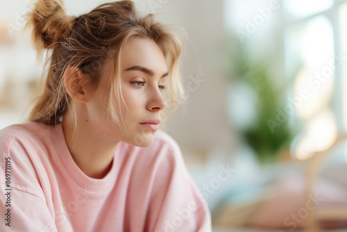 Young sad depressed woman in living room, blurred light background. Concept of loneliness or worries.