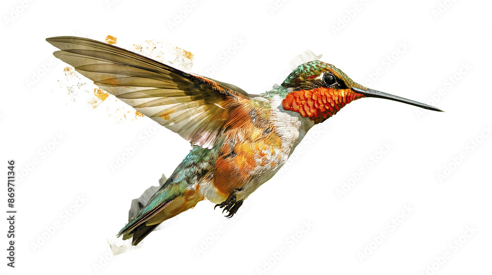 Fototapeta premium A hummingbird is flying in the air with its wings spread wide