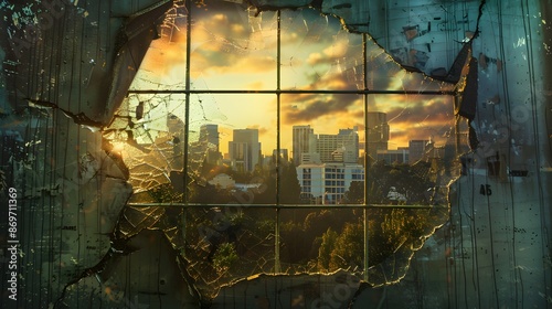 Cracked Window with Urban Skyline: A cracked window with an urban skyline visible through the breaks, blending nature and city.
