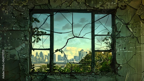 Cracked Window with Urban Skyline: A cracked window with an urban skyline visible through the breaks, blending nature and city.
