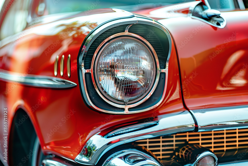 A close-up shot captures the timeless allure of a classic red car's headlight. Its polished chrome rim and intricate details evoke a vintage charm A close-up shot captures the timeless allure of a classic red car's headlight. Its polished chrome rim and intricate details evoke a vintage charm