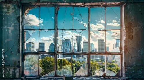 Cracked Window with Urban Skyline: A cracked window with an urban skyline visible through the breaks, blending nature and city.
