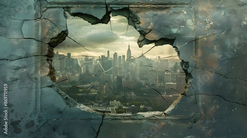 Cracked Window with Urban Skyline: A cracked window with an urban skyline visible through the breaks, blending nature and city.
