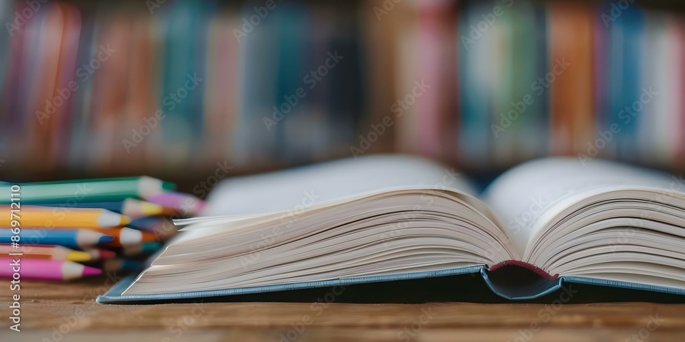 Fototapeta premium An open book on a wooden desk with colored pencils and more books. Concept Still Life, Education, Reading, Study, Creativity