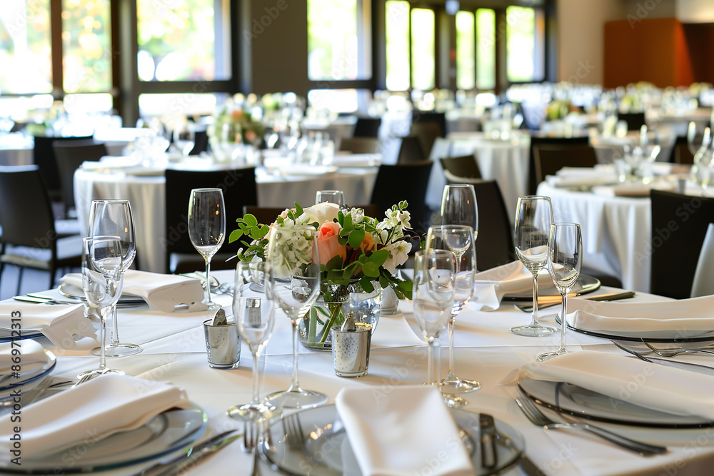 A large banquet hall is elegantly arranged with tables and chairs set up for a significant event