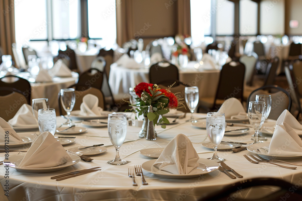 A large banquet hall is elegantly arranged with tables and chairs set up for a significant event
