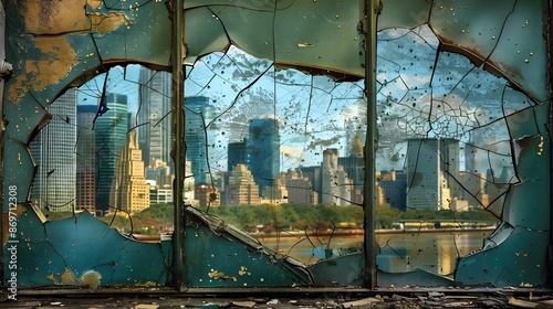 Cracked Window with Urban Skyline: A cracked window with an urban skyline visible through the breaks, blending nature and city.
