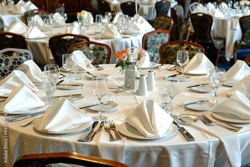 Obraz na płótnie A large banquet hall is elegantly arranged with tables and chairs set up for a significant event w salonie