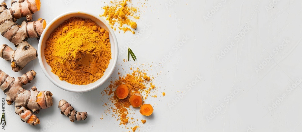 Turmeric roots and powder showcased in a white bowl with a white backdrop, creating a visually appealing copy space image. Turmeric roots and powder showcased in a white bowl with a white backdrop, creating a visually appealing copy space image.