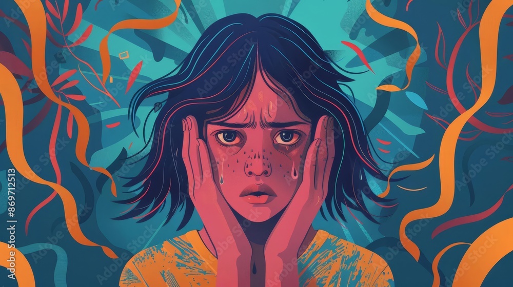 Depression and panic attack of young woman on public Postproducted generative AI illustration, add copyspace for text Depression and panic attack of young woman on public Postproducted generative AI illustration, add copyspace for text