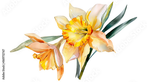 A watercolor painting of two yellow flowers with green stems